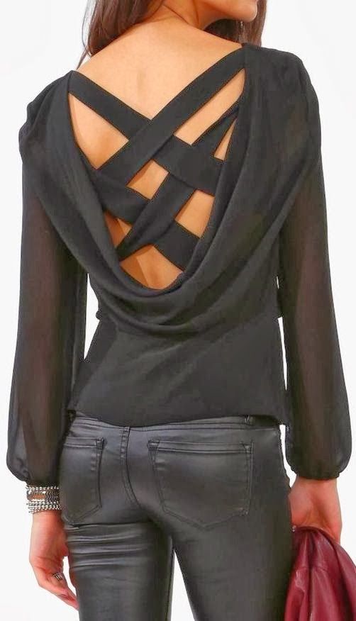 Adorable criss cross black blouse and leather pant fashion
