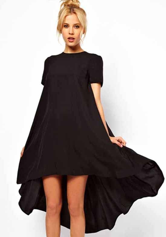 Black Plain Swallowtail Short Sleeve Loose Polyester Dress