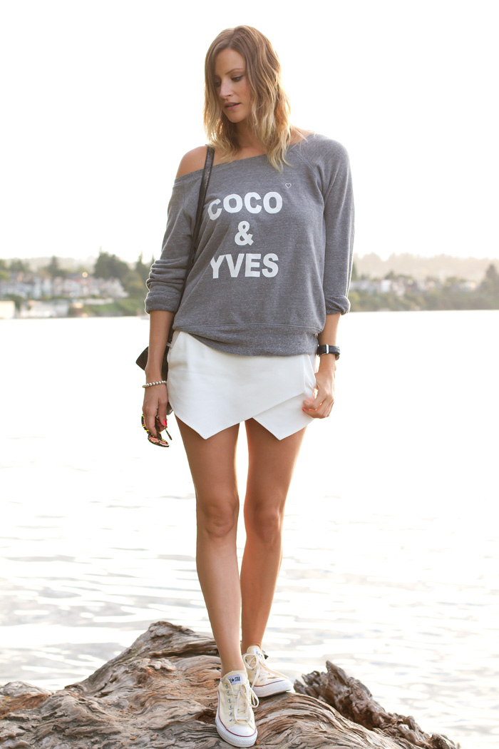 grey sweater and cool skirt