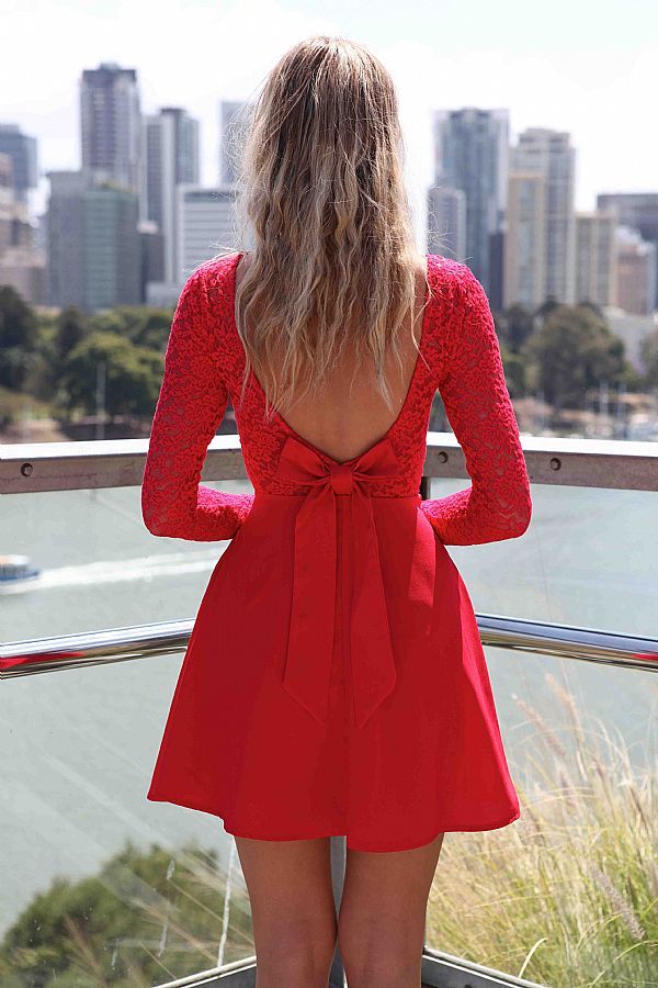 Red Long Sleeve Skater Dress