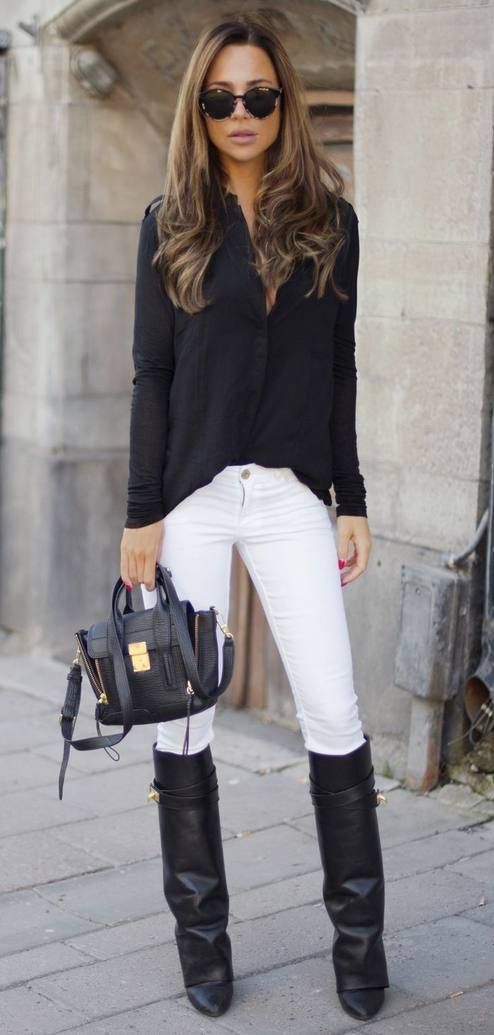 street chic style  black chiffon shirt , white skinnies , black knee high boots , black messenger bag , black sunglasses