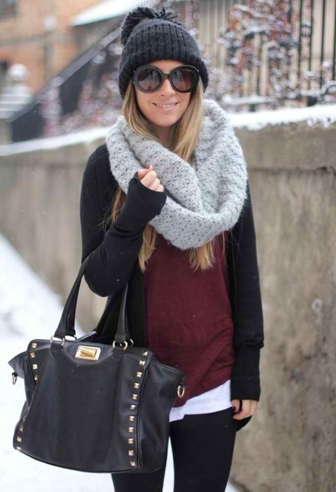 Street style winter scarf and black handbag
